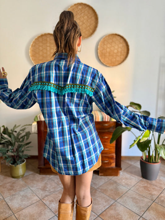 1990's vintage blue and turquoise plaid pearl snap western shirt with turquoise fringe