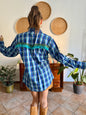 1990's vintage blue and turquoise plaid pearl snap western shirt with turquoise fringe