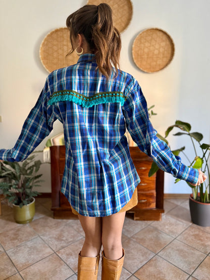 1990's vintage blue and turquoise plaid pearl snap western shirt with turquoise fringe