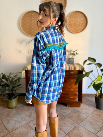 1990's vintage blue and turquoise plaid pearl snap western shirt with turquoise fringe