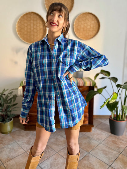 1990's vintage blue and turquoise plaid pearl snap western shirt with turquoise fringe