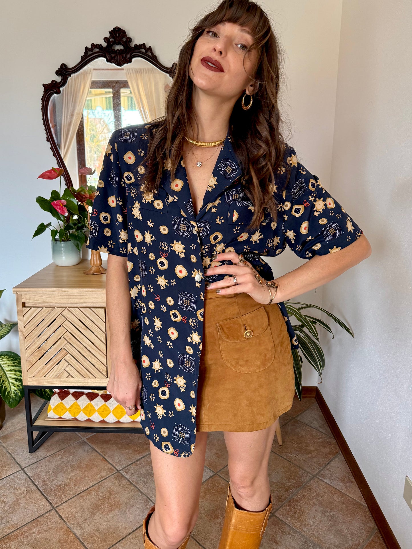 1990's vintage navy blue abstract floral prink silk blouse with orange and tan accents