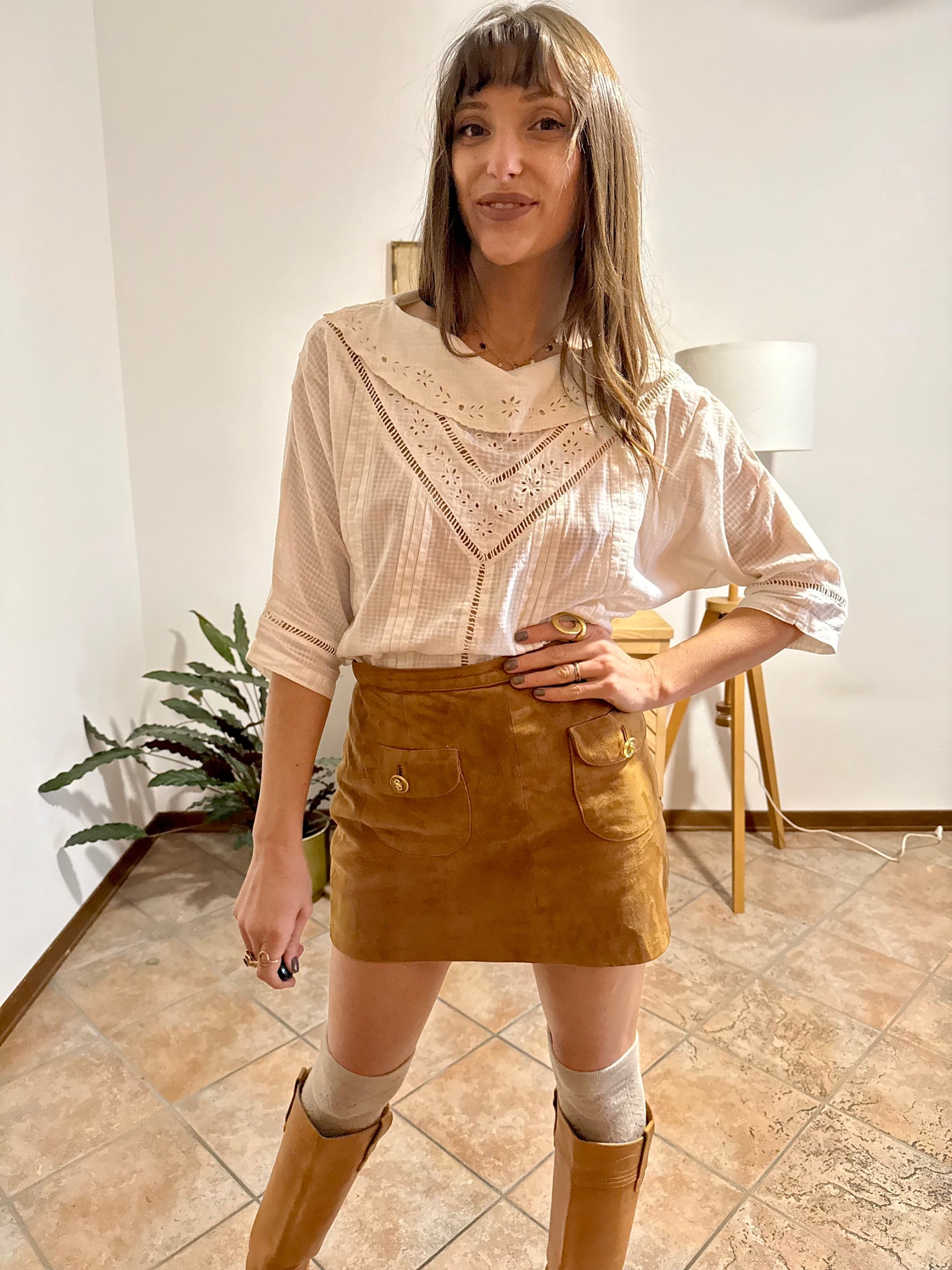 1970's vintage textured cream Peter Pan collar blouse with crocheted details