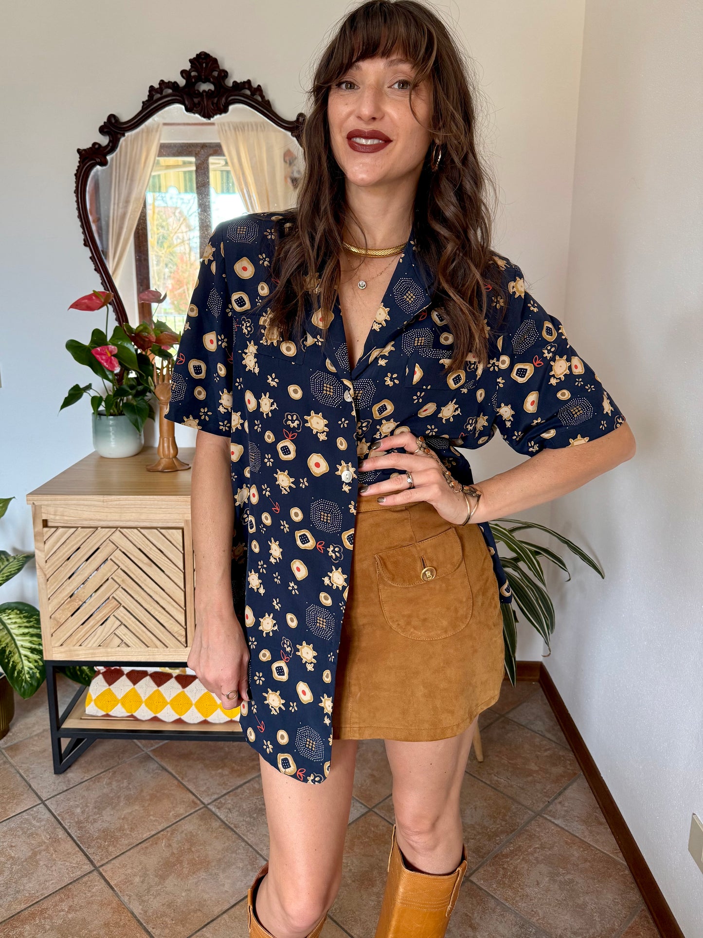 1990's vintage navy blue abstract floral prink silk blouse with orange and tan accents
