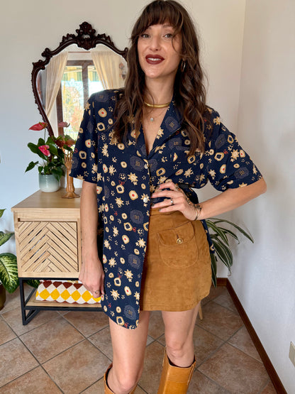 1990's vintage navy blue abstract floral prink silk blouse with orange and tan accents