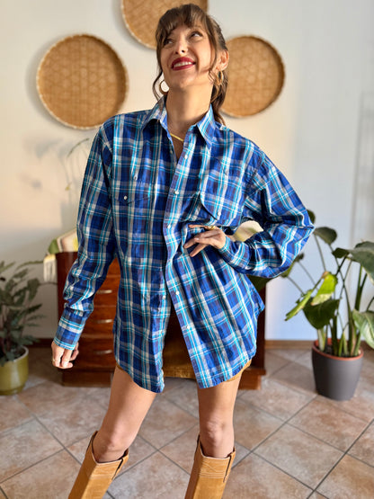 1990's vintage blue and turquoise plaid pearl snap western shirt with turquoise fringe