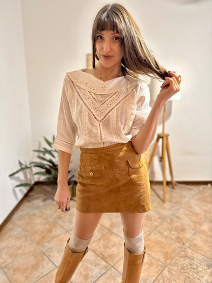 1970's vintage textured cream Peter Pan collar blouse with crocheted details