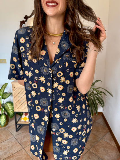 1990's vintage navy blue abstract floral prink silk blouse with orange and tan accents