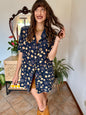 1990's vintage navy blue abstract floral prink silk blouse with orange and tan accents
