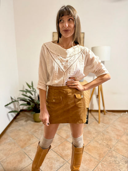 1970's vintage textured cream Peter Pan collar blouse with crocheted details