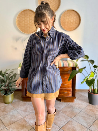 1990's vintage navy blue oversize shirt with white and tan pin striping