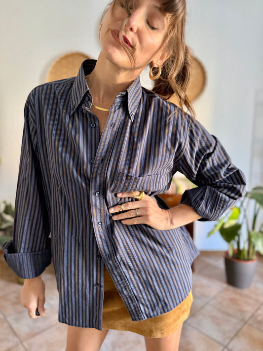 1990's vintage navy blue oversize shirt with white and tan pin striping