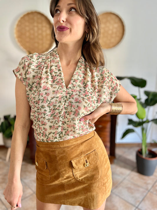 1970's vintage pink and green floral semi sheer short sleeve blouse