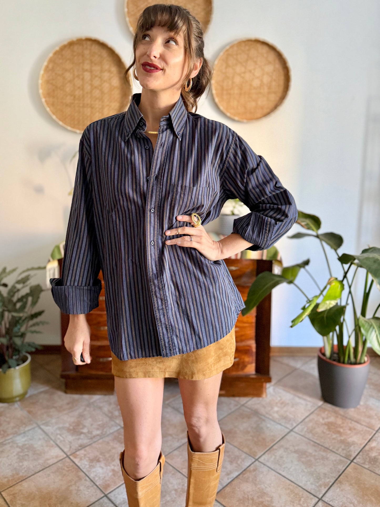 1990's vintage navy blue oversize shirt with white and tan pin striping