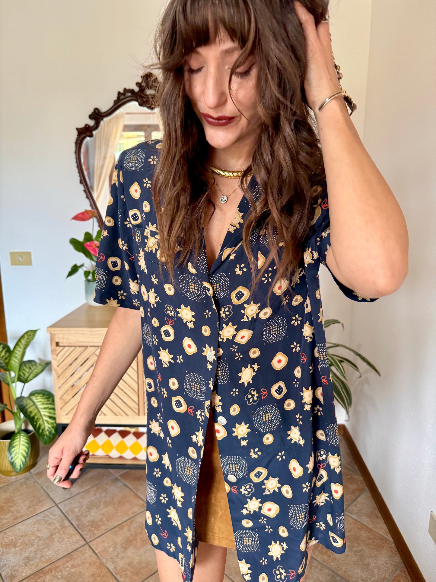 1990's vintage navy blue abstract floral prink silk blouse with orange and tan accents