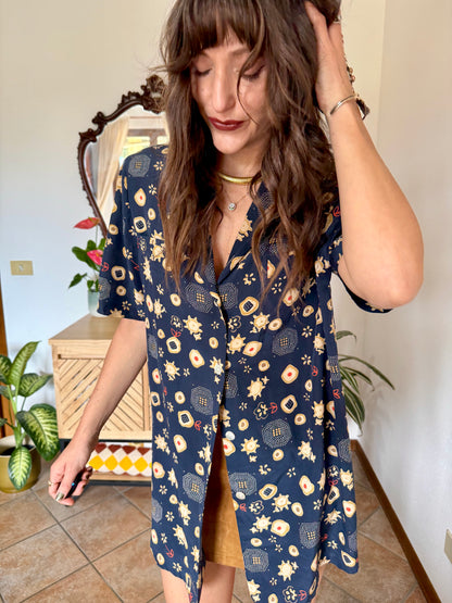 1990's vintage navy blue abstract floral prink silk blouse with orange and tan accents