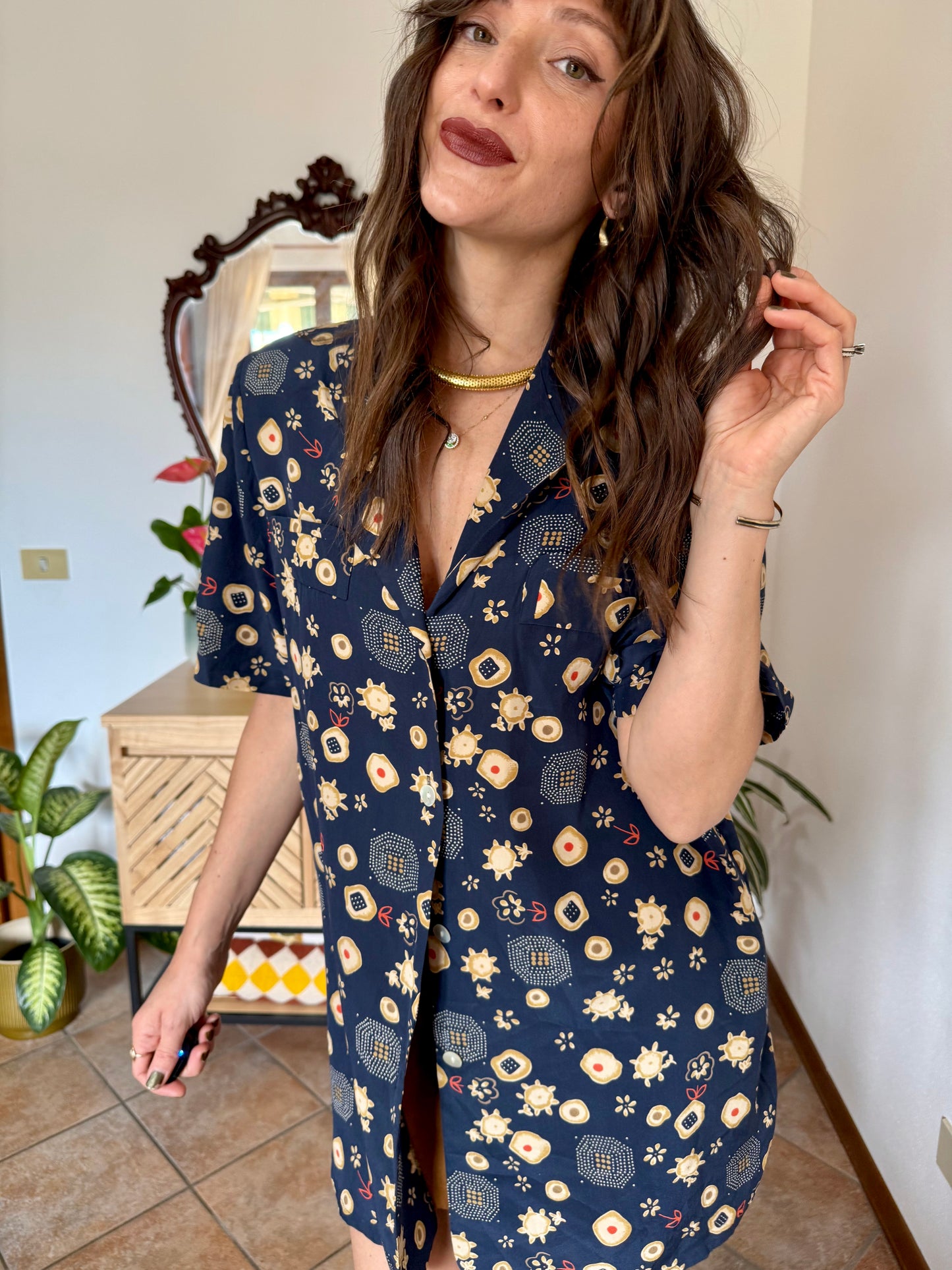 1990's vintage navy blue abstract floral prink silk blouse with orange and tan accents