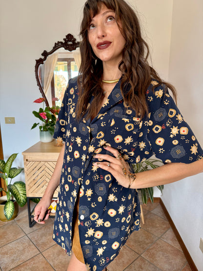 1990's vintage navy blue abstract floral prink silk blouse with orange and tan accents