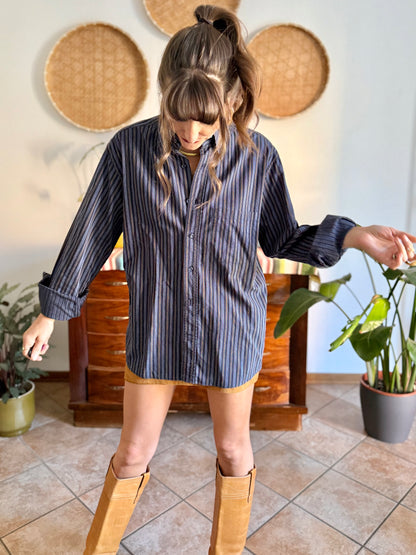 1990's vintage navy blue oversize shirt with white and tan pin striping