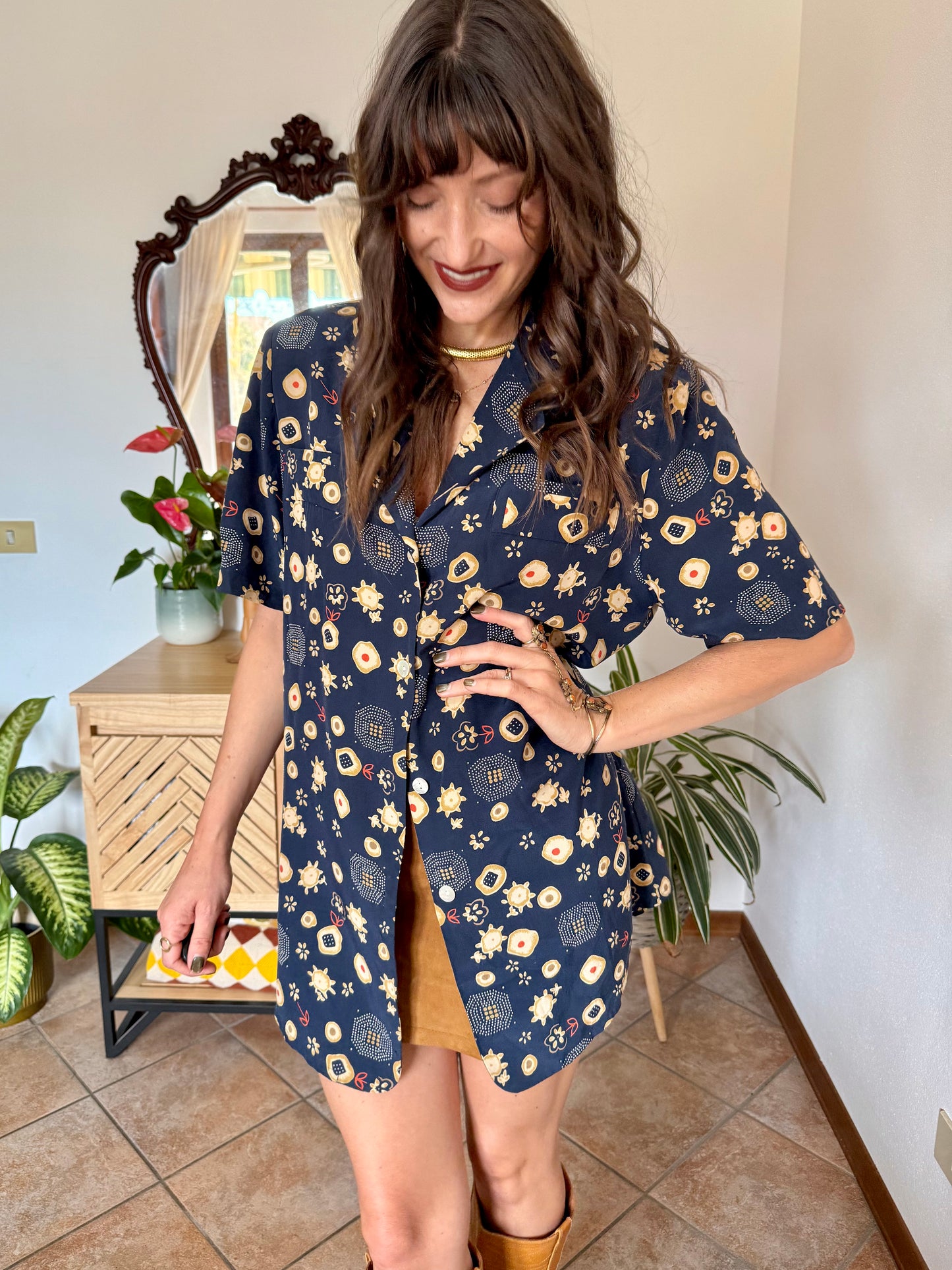 1990's vintage navy blue abstract floral prink silk blouse with orange and tan accents