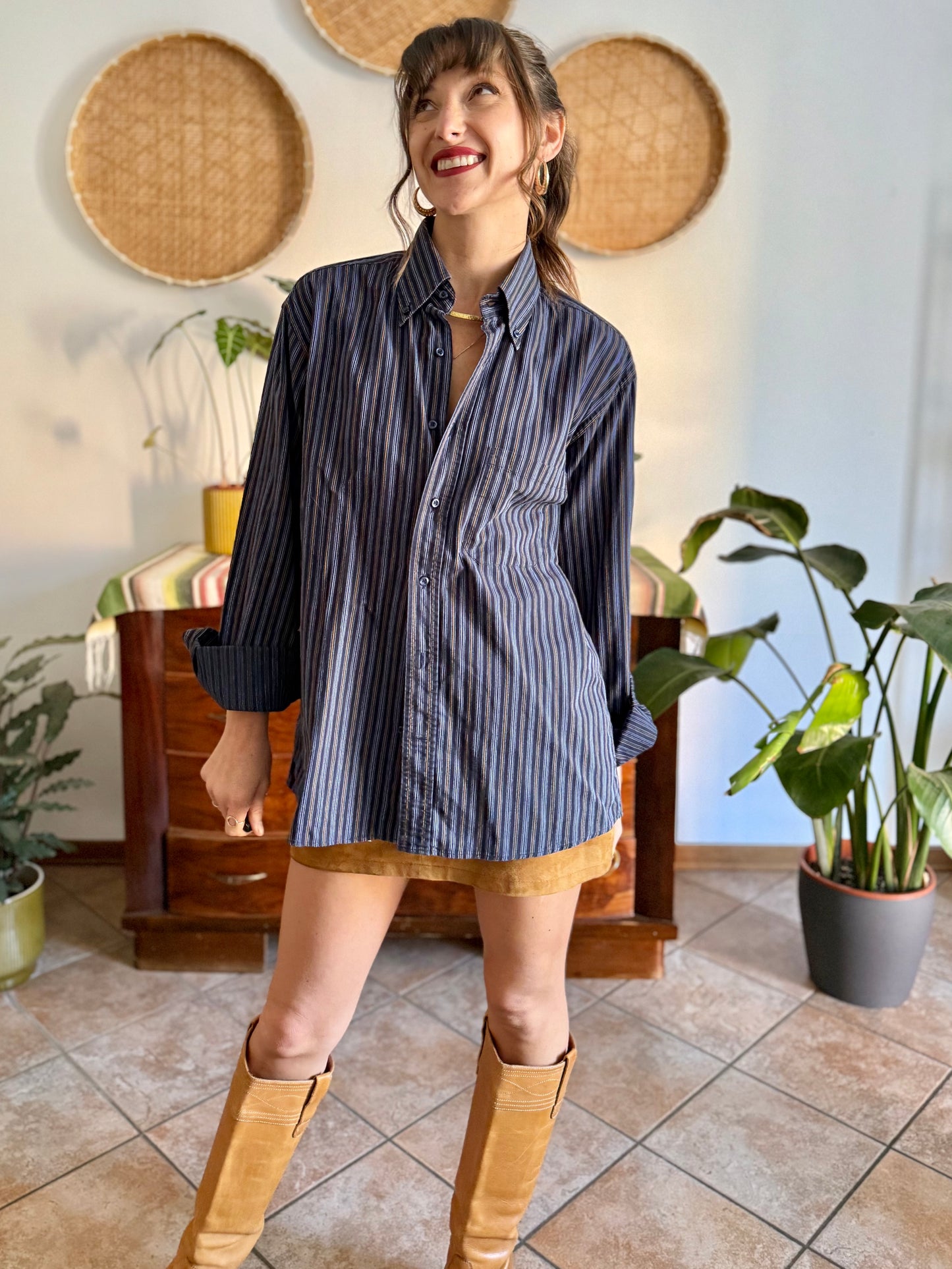 1990's vintage navy blue oversize shirt with white and tan pin striping