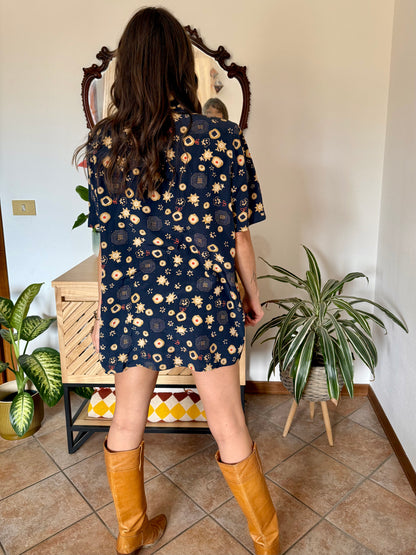 1990's vintage navy blue abstract floral prink silk blouse with orange and tan accents