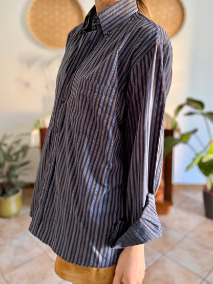 1990's vintage navy blue oversize shirt with white and tan pin striping