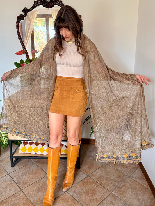 1970's vintage semi sheer gold Shawl with yellow and blue glass beading detail