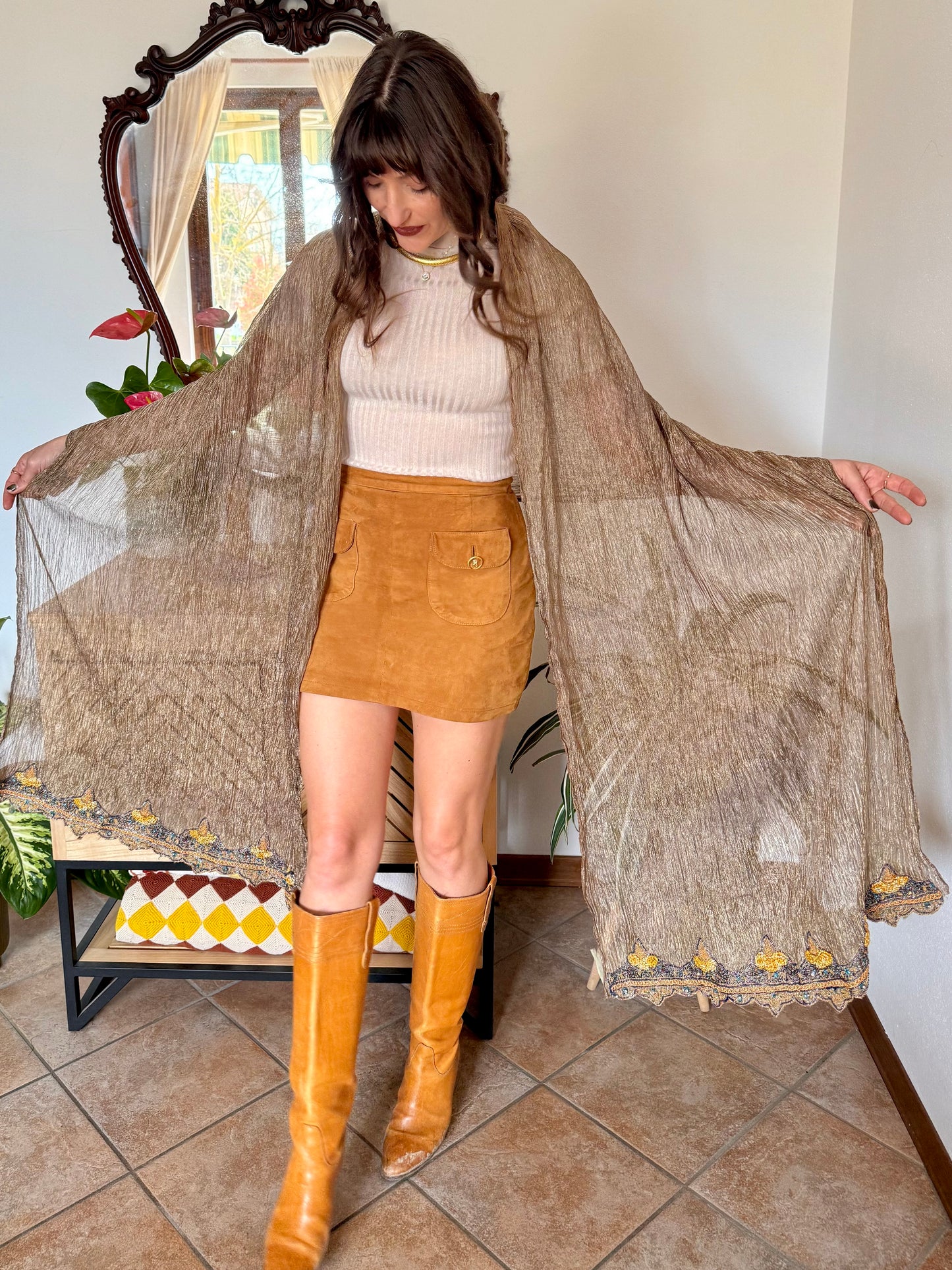 1970's vintage semi sheer gold Shawl with yellow and blue glass beading detail
