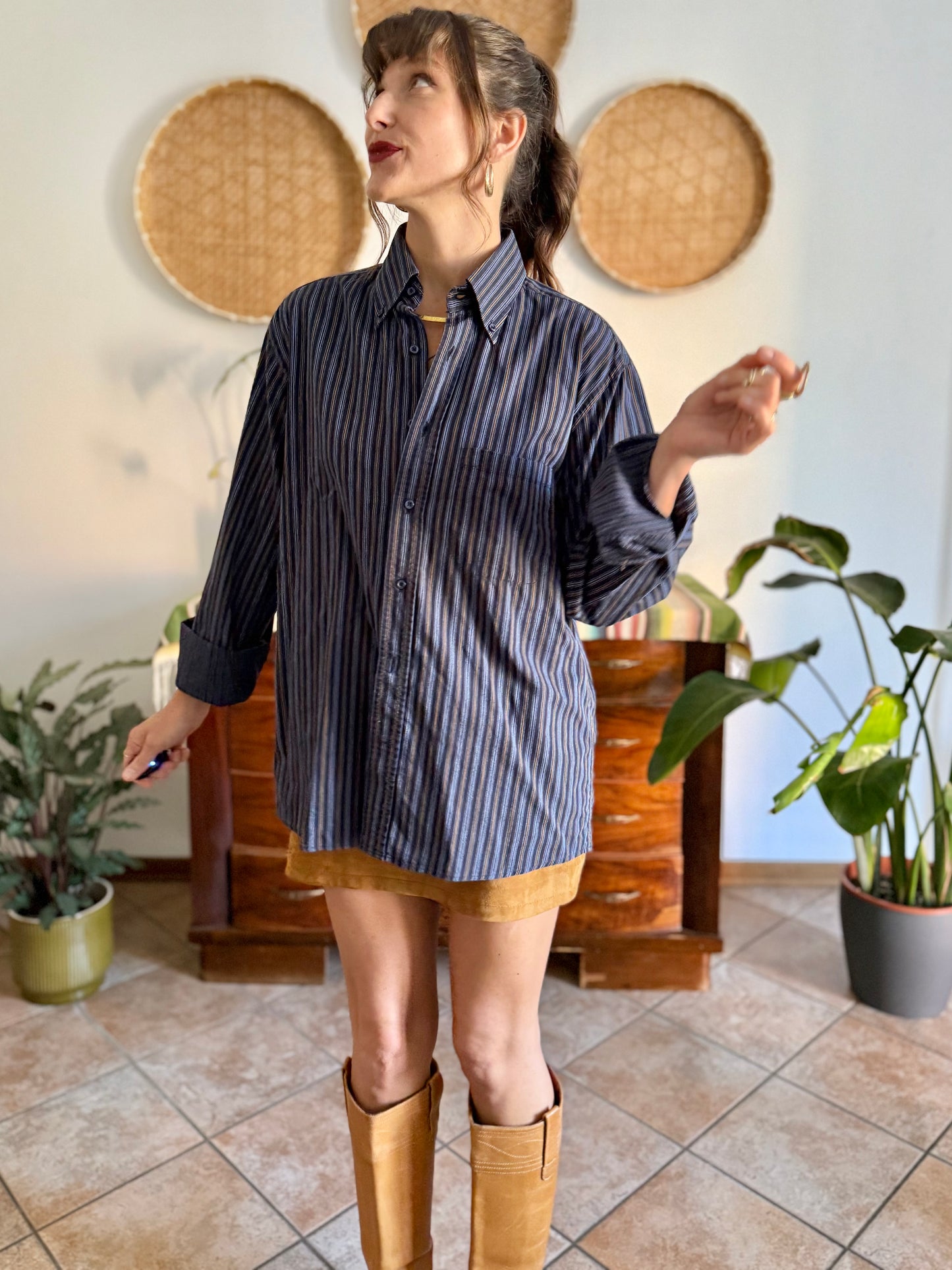 1990's vintage navy blue oversize shirt with white and tan pin striping
