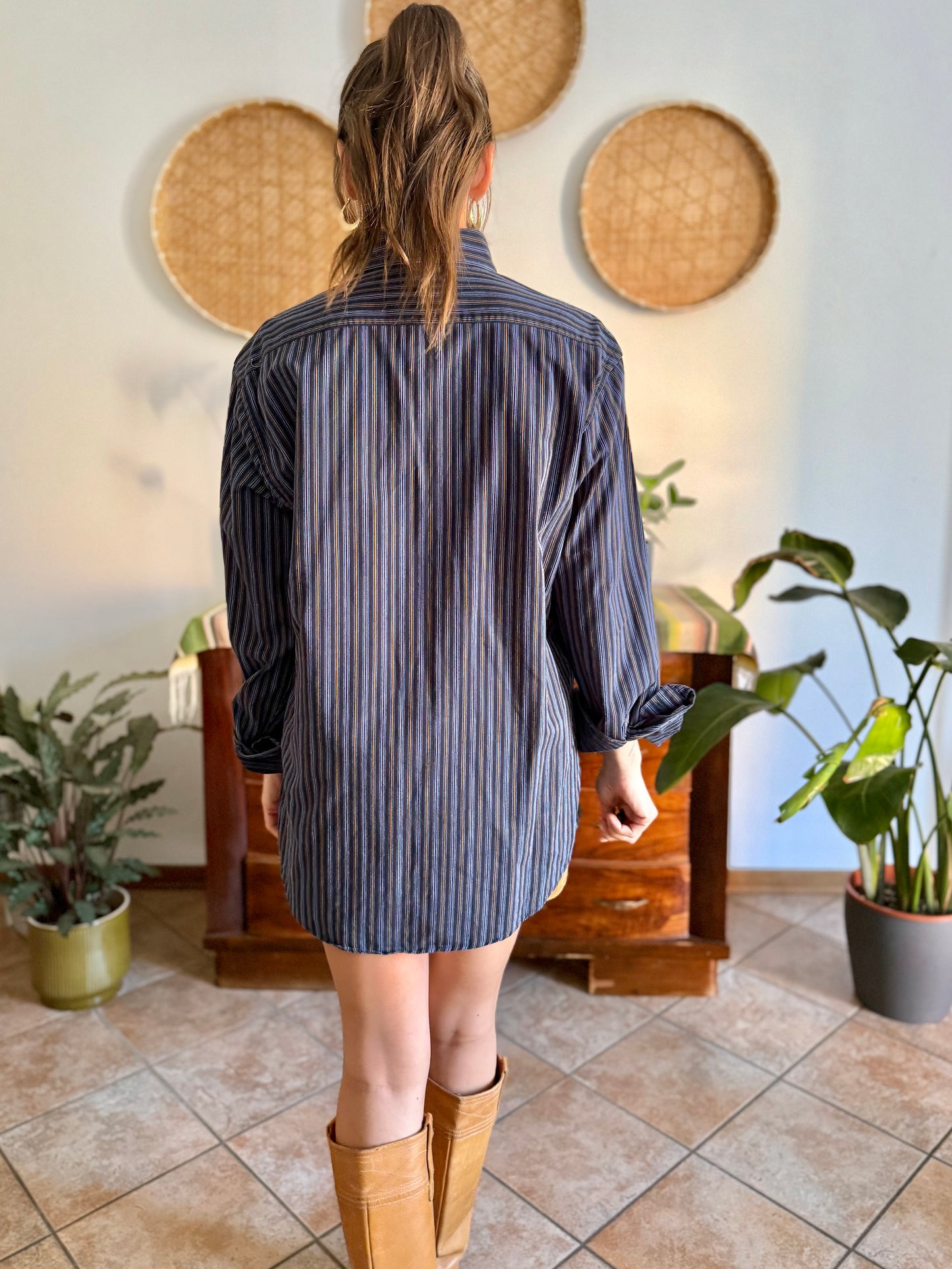 1990's vintage navy blue oversize shirt with white and tan pin striping