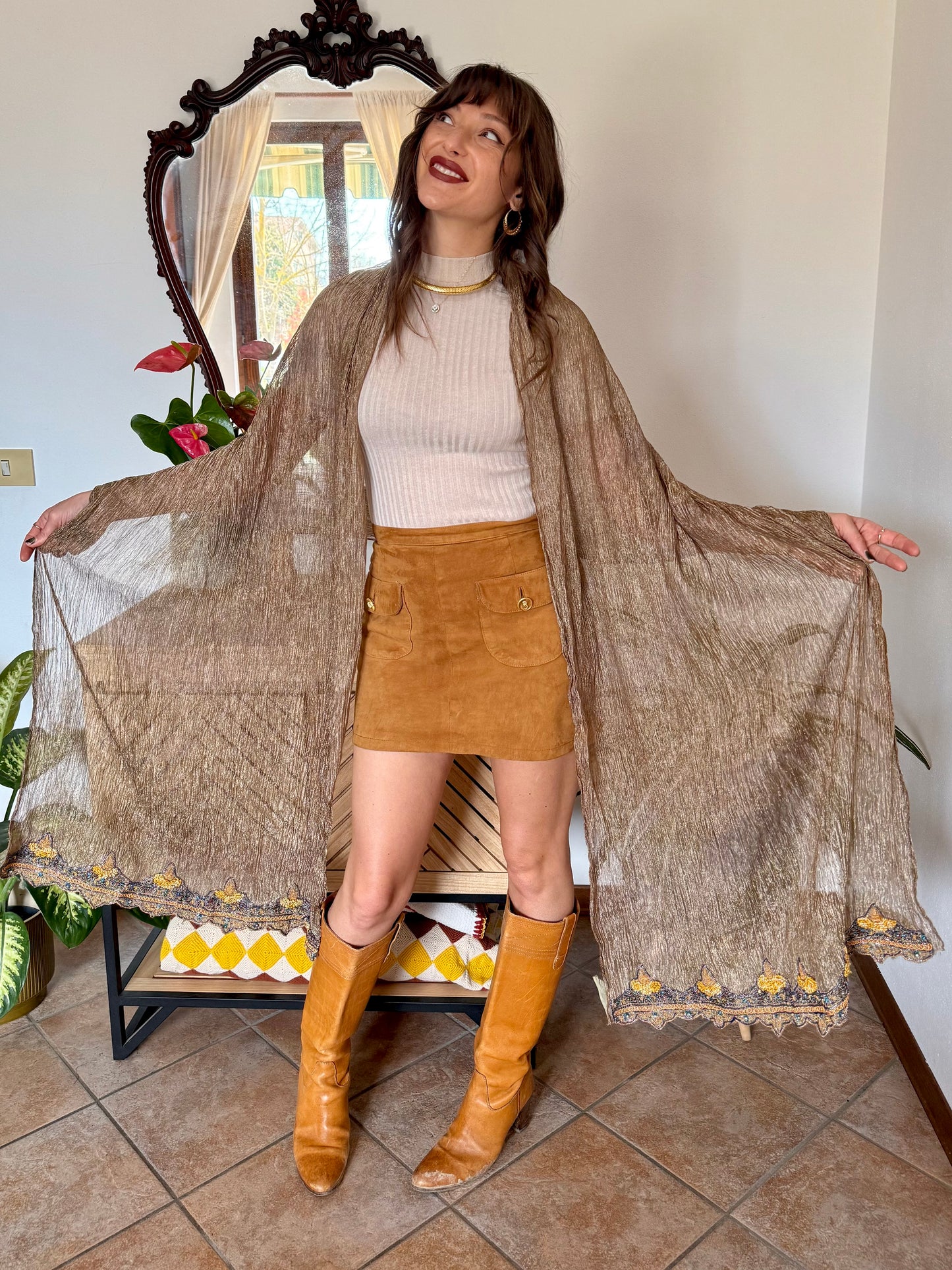 1970's vintage semi sheer gold Shawl with yellow and blue glass beading detail