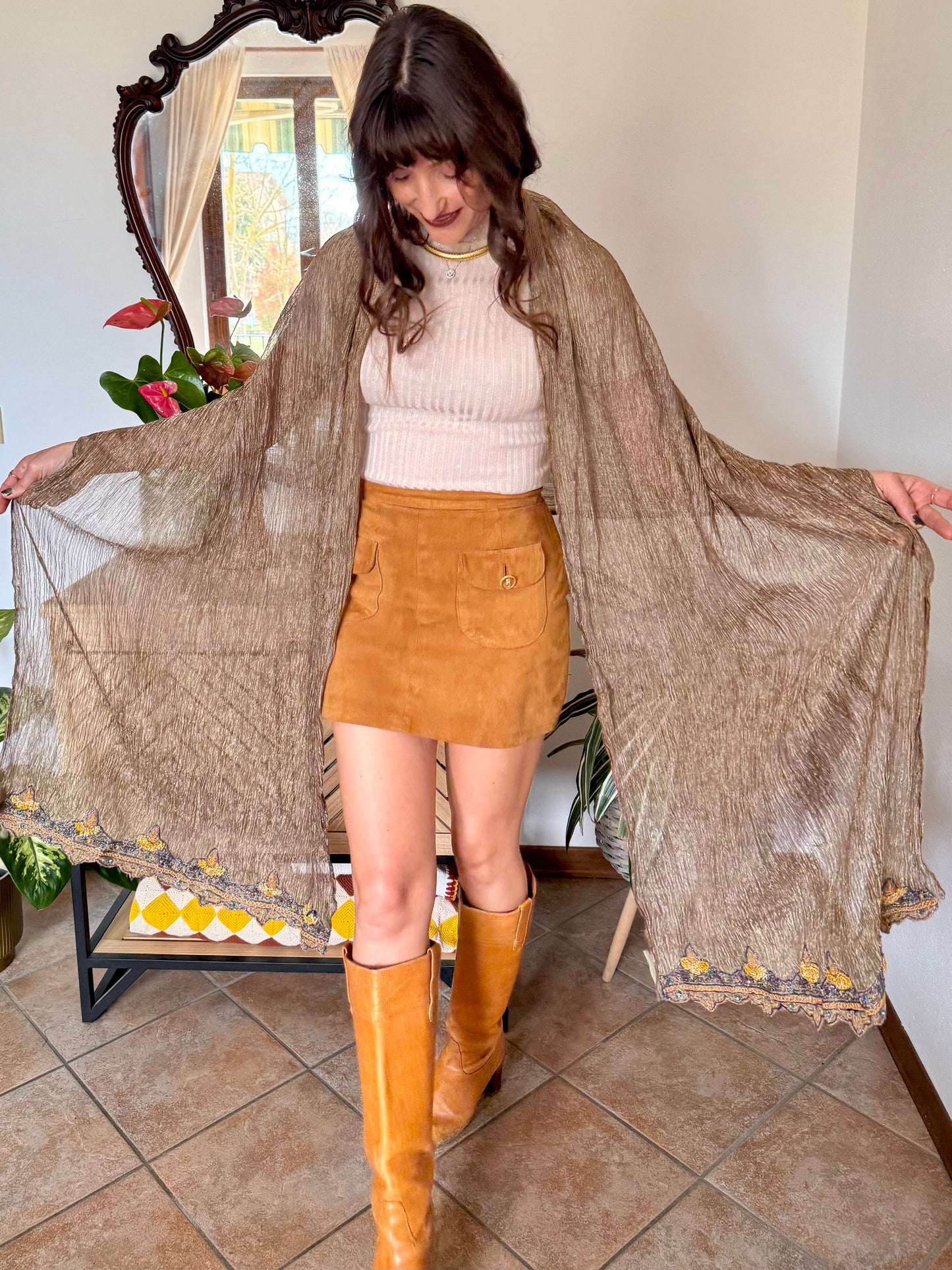 1970's vintage semi sheer gold Shawl with yellow and blue glass beading detail