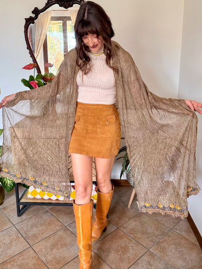 1970's vintage semi sheer gold Shawl with yellow and blue glass beading detail