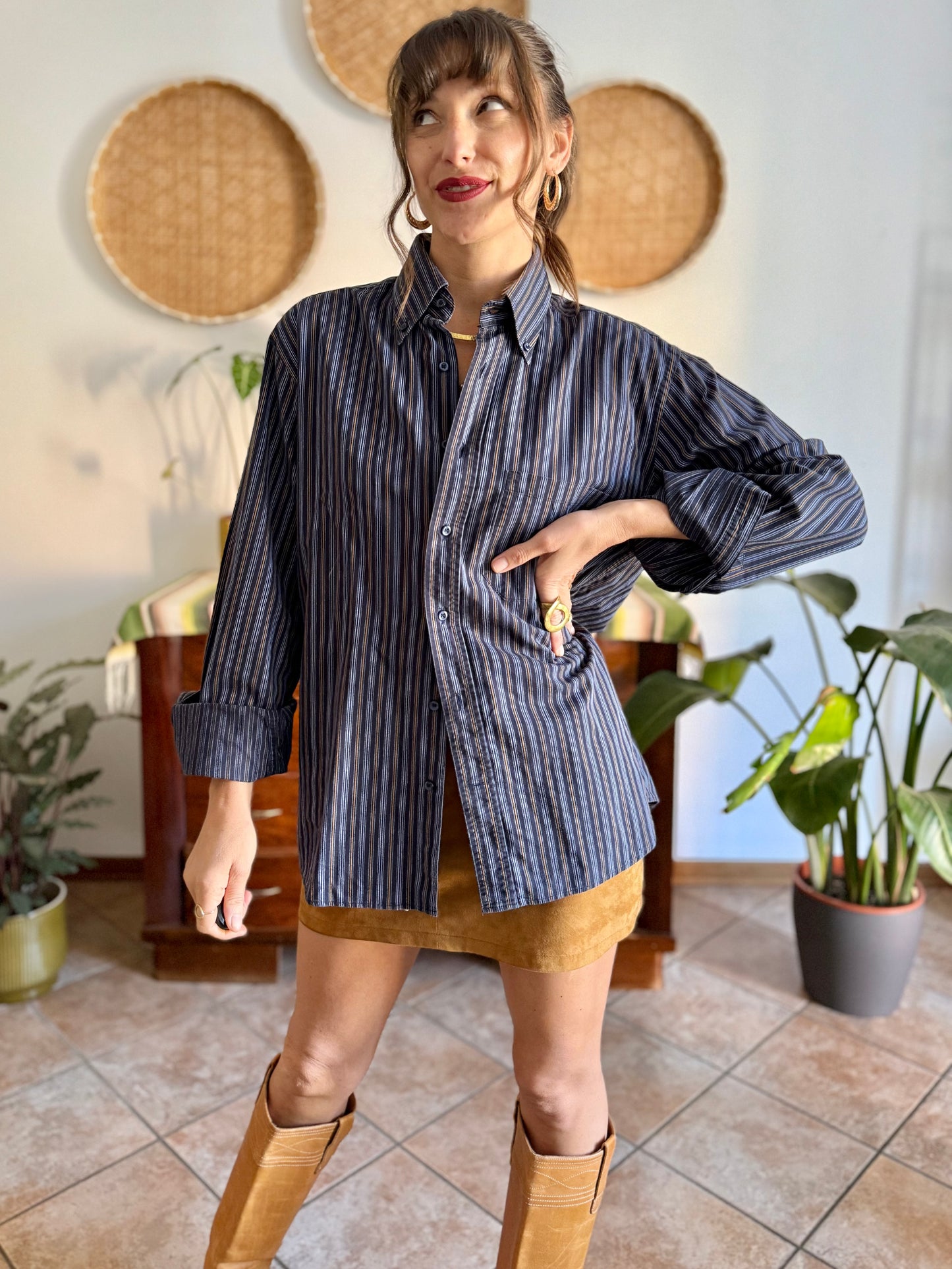 1990's vintage navy blue oversize shirt with white and tan pin striping