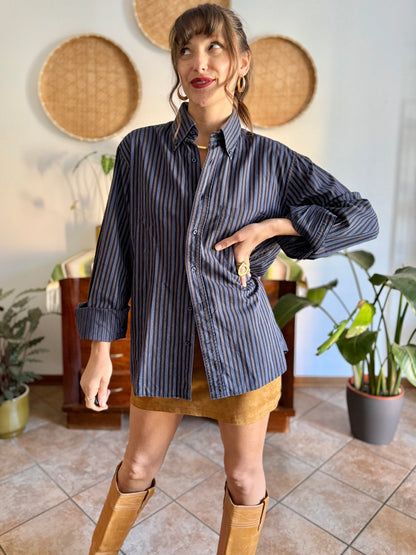 1990's vintage navy blue oversize shirt with white and tan pin striping