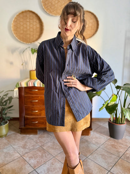 1990's vintage navy blue oversize shirt with white and tan pin striping