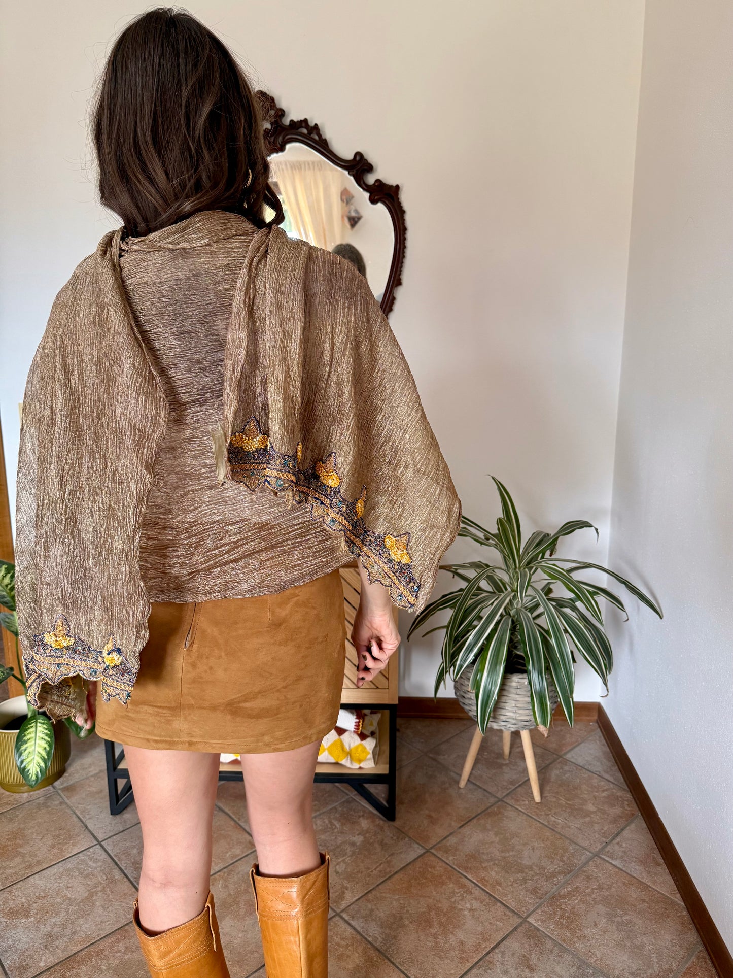 1970's vintage semi sheer gold Shawl with yellow and blue glass beading detail