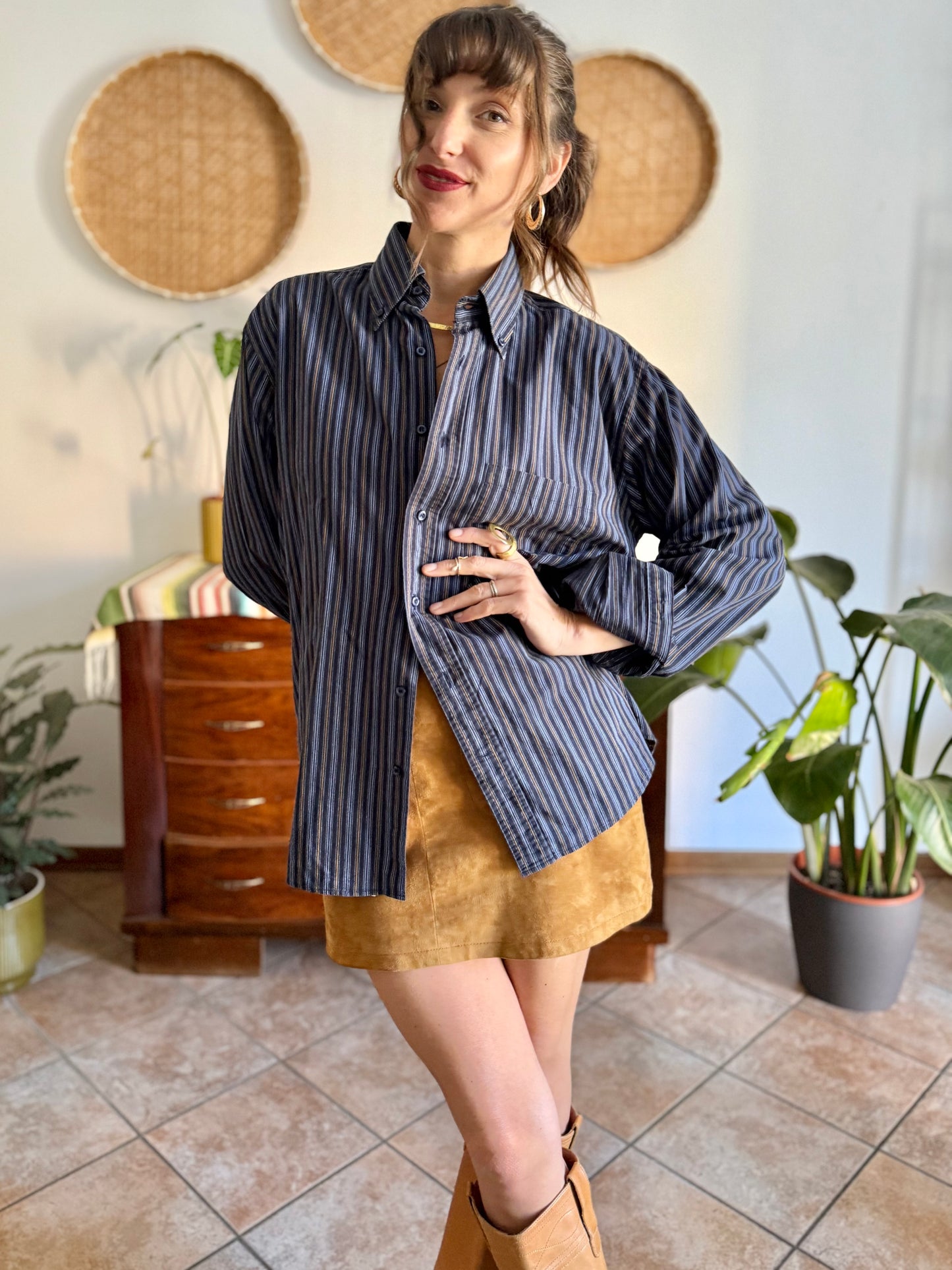 1990's vintage navy blue oversize shirt with white and tan pin striping