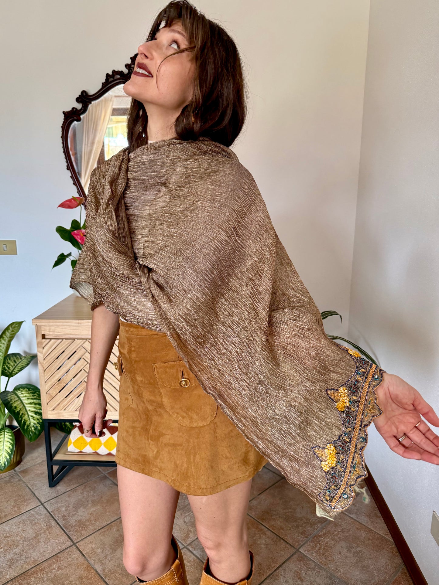 1970's vintage semi sheer gold Shawl with yellow and blue glass beading detail