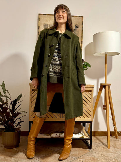 1960's vintage military green wool structured wool coat with leather buttons