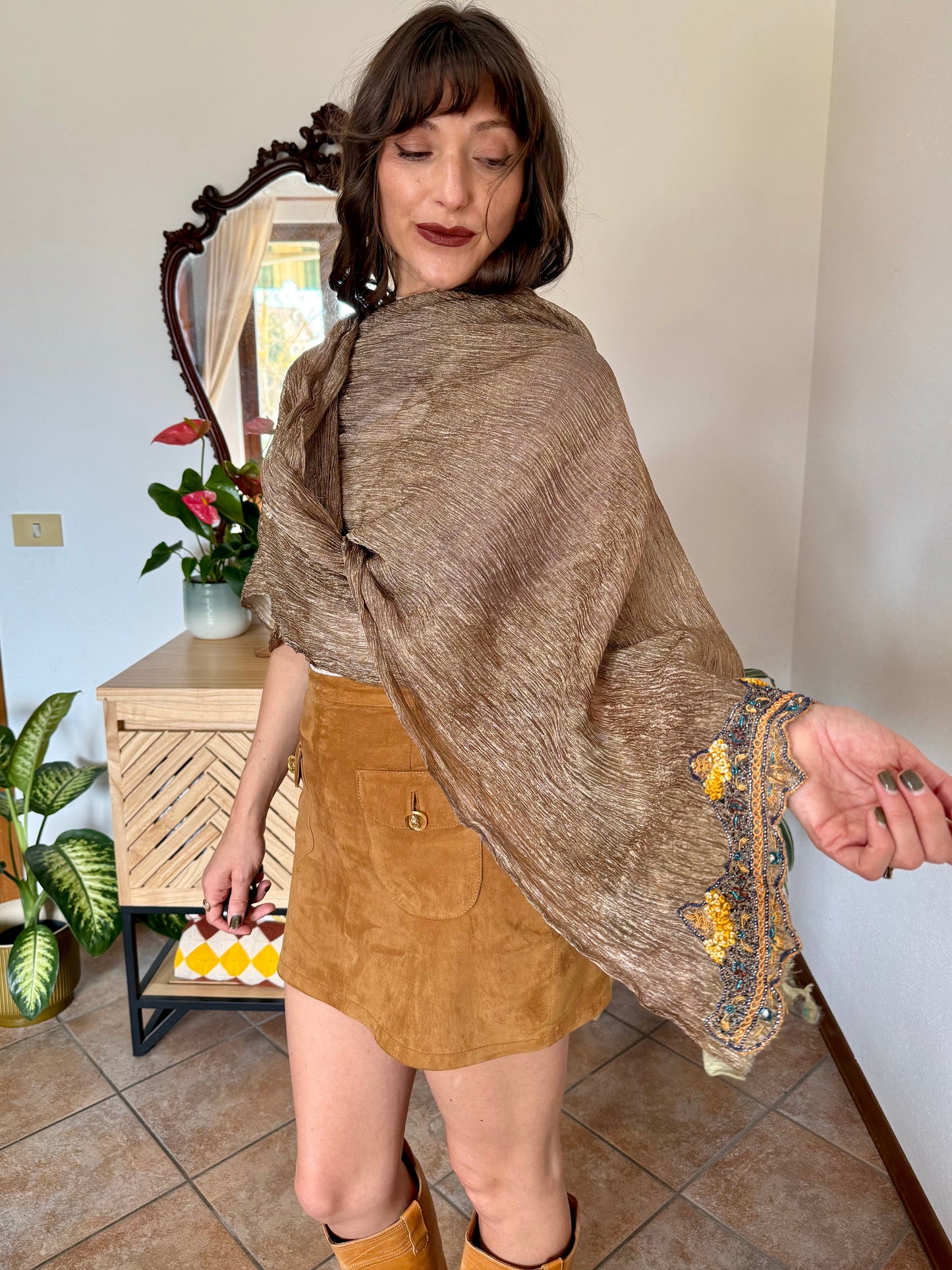 1970's vintage semi sheer gold Shawl with yellow and blue glass beading detail