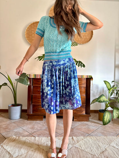 1970's vintage multi tonal blue and purple tie dye floral print skirt