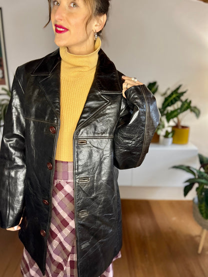 1970's vintage chocolate brown leather coat