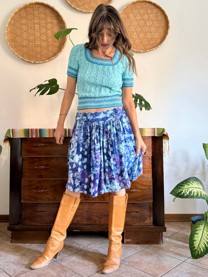 1970's vintage multi tonal blue and purple tie dye floral print skirt