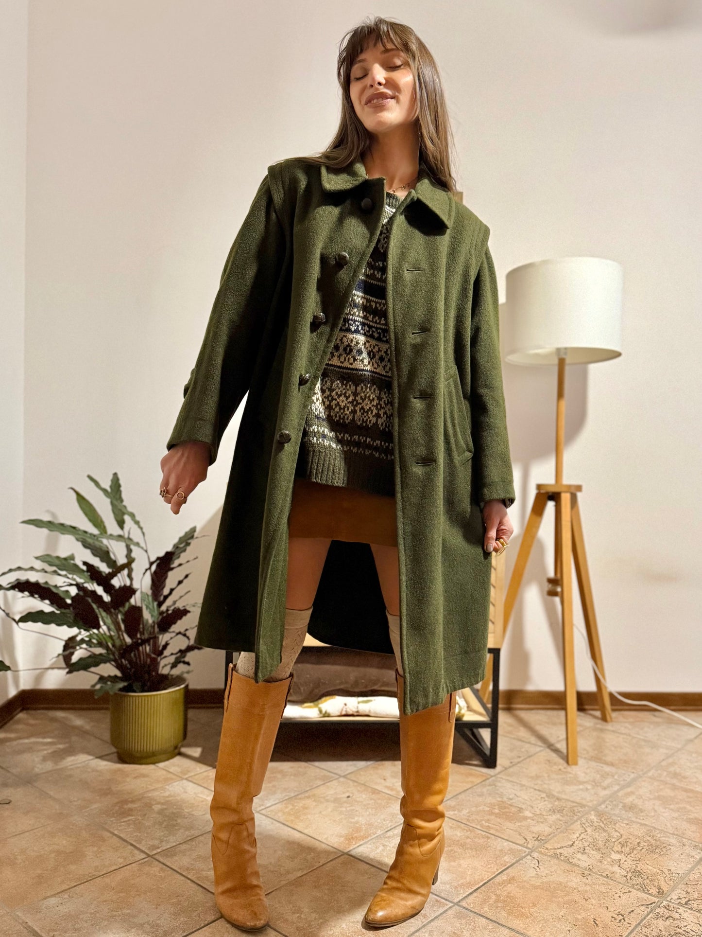 1960's vintage military green wool structured wool coat with leather buttons