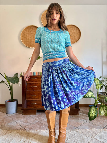 1970's vintage multi tonal blue and purple tie dye floral print skirt
