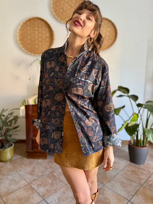 Y2k vintage navy and multicolor floral print shirt with distressed hem