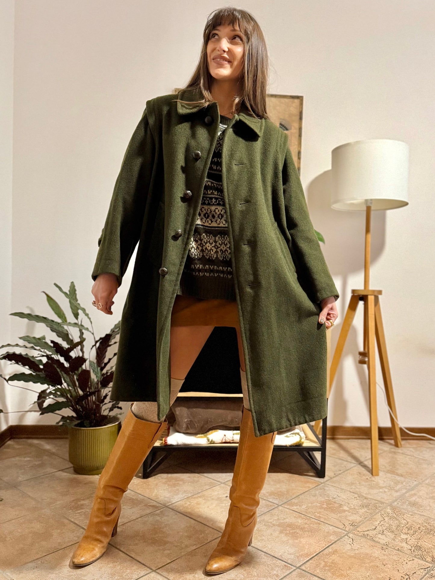 1960's vintage military green wool structured wool coat with leather buttons