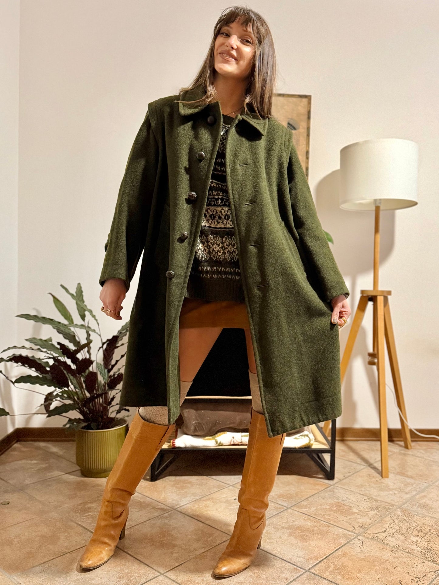 1960's vintage military green wool structured wool coat with leather buttons